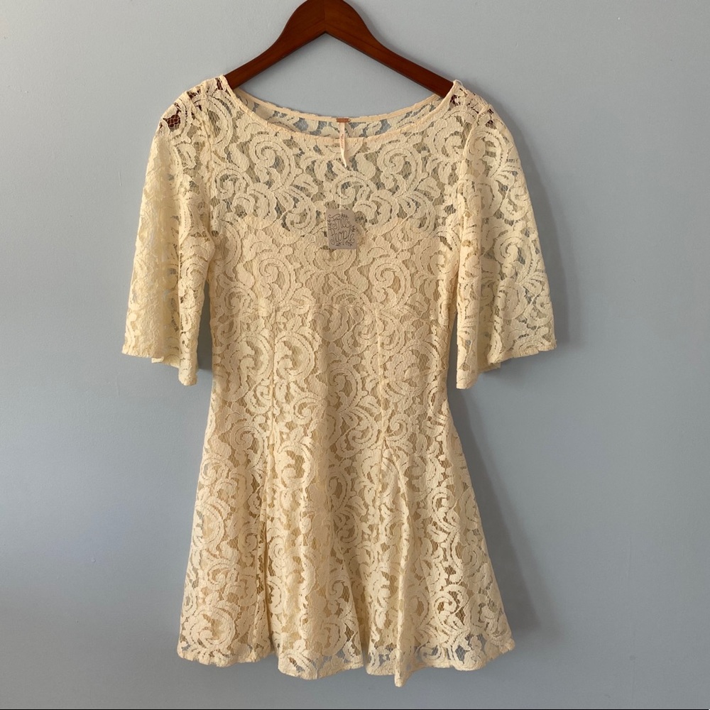 Free People Ivory 3/4 Sleeve Lace Dress, Sz 2